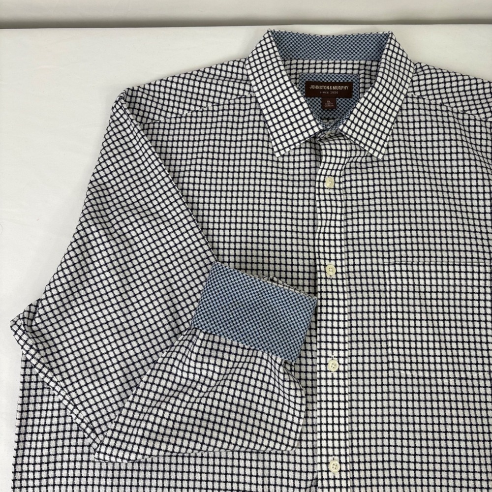 Johnston Murphy Geometric Checkered Long Sleeve Button‎ Down Shirt Blue White XL